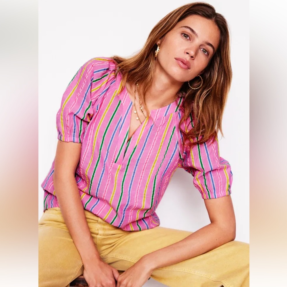 Boden Brooke Cotton Top- Neon Pink Seersucker Stripe- NWT- Sz 6